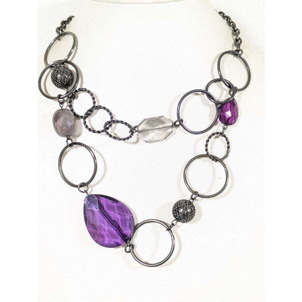 Y2K‎ Gray Metallic Purple Faceted Bead Layered Circle Chain Neckalce 20"